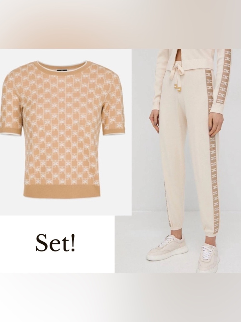 Elisabetta Franchi Designer Monogram Set of Camel Tricot Knitted Top and Joggers